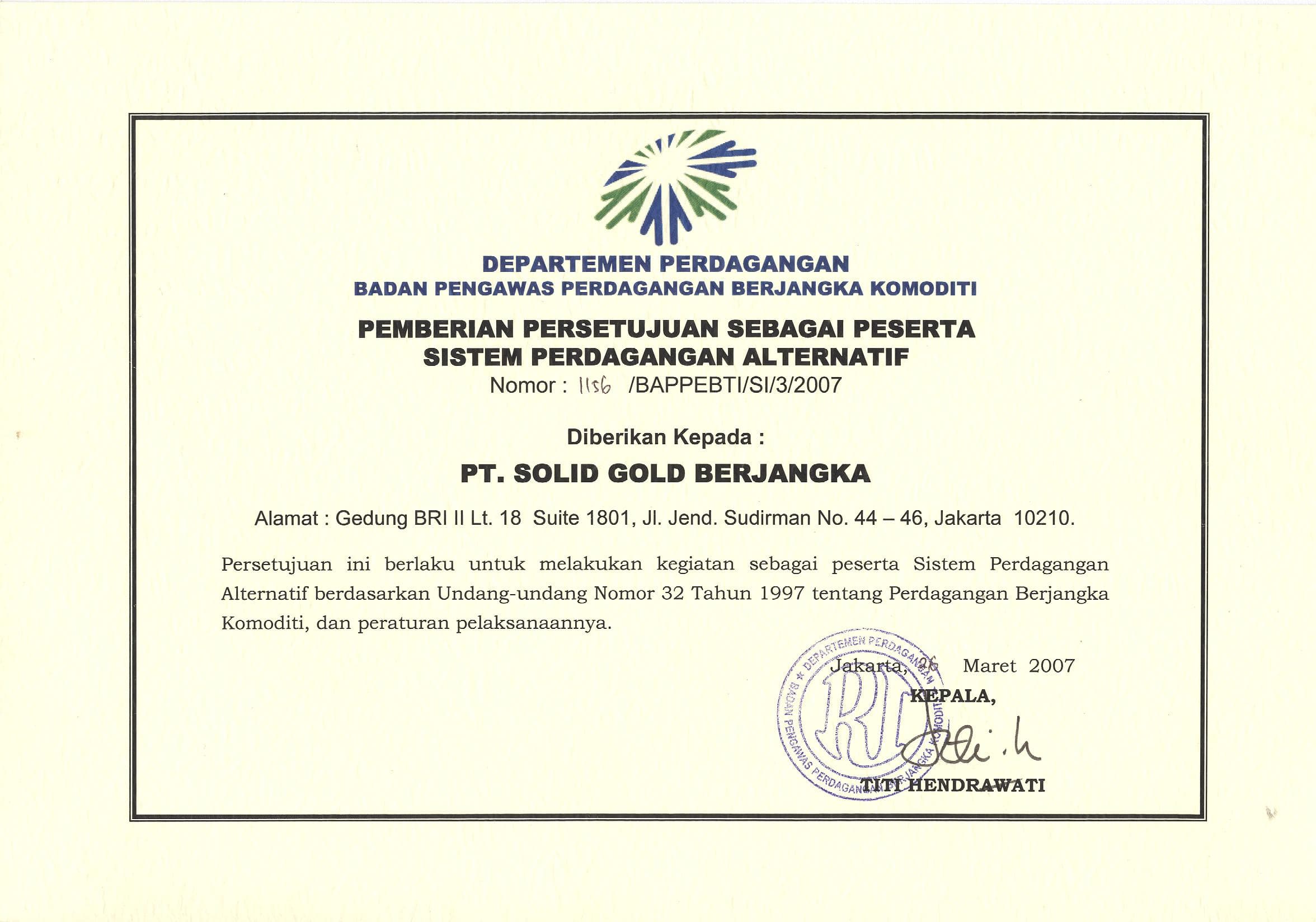 Pemberian Persetujuan sebagai Peserta Sistem Perdagangan Alternatif